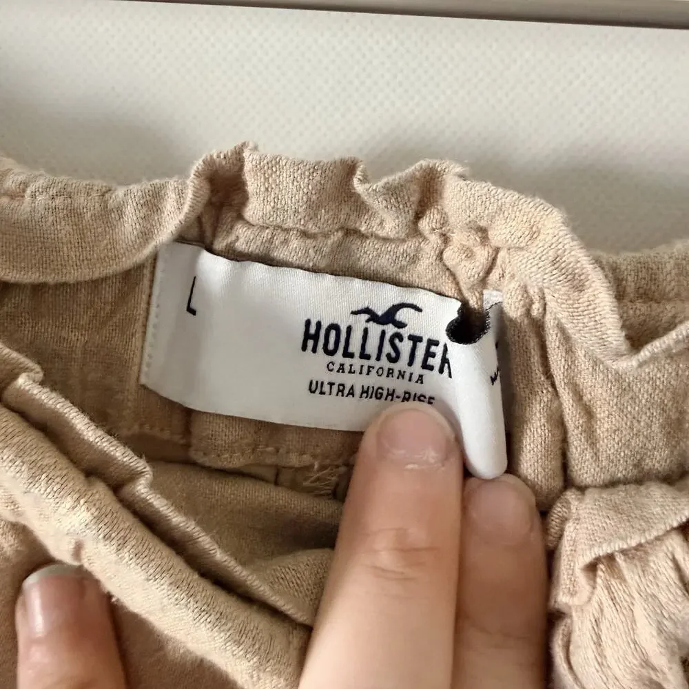 Hollister Shorts Womens Large Tan Beige Linen Blend Pull On Stretch High Rise